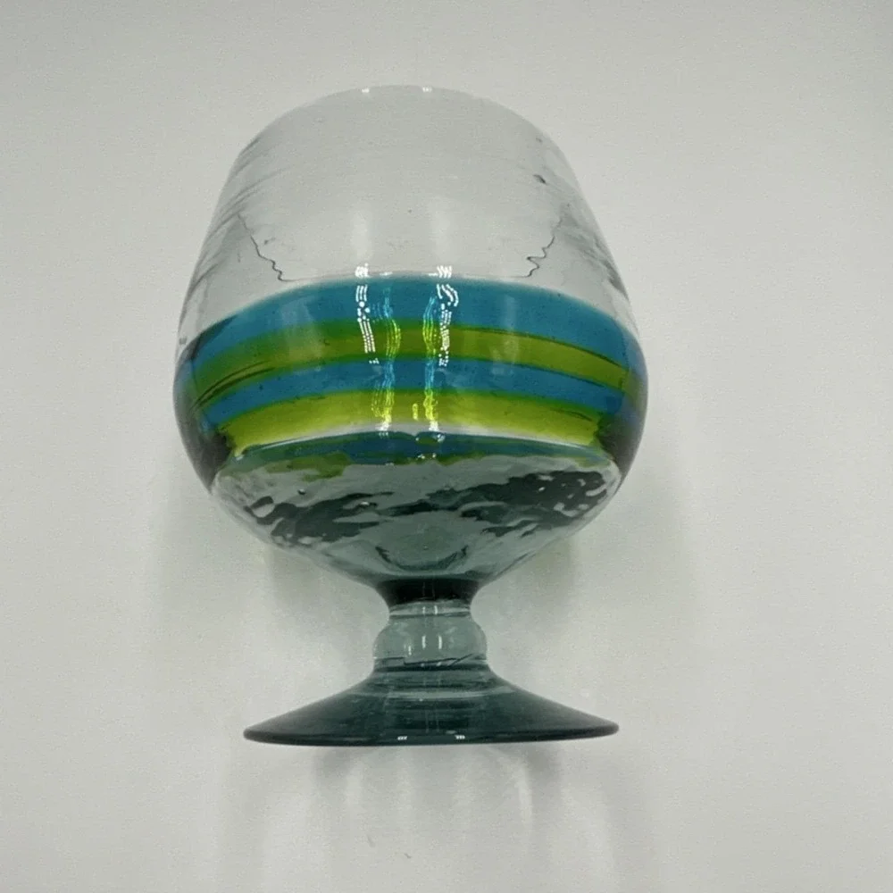 Mid Century Hand Blown Art Brandy type Glass  Blue and Green Decorative Swirl